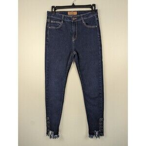 Bianco Women's Jeans 29‎ Frayed Hem Eyelet Detail Medium Wash Skinny Denim Pants